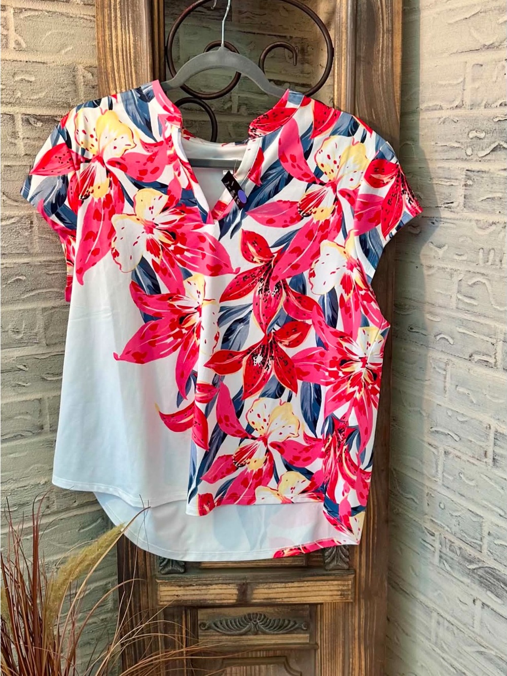 Chico's Pink & White Floral Split-Panel Blouse